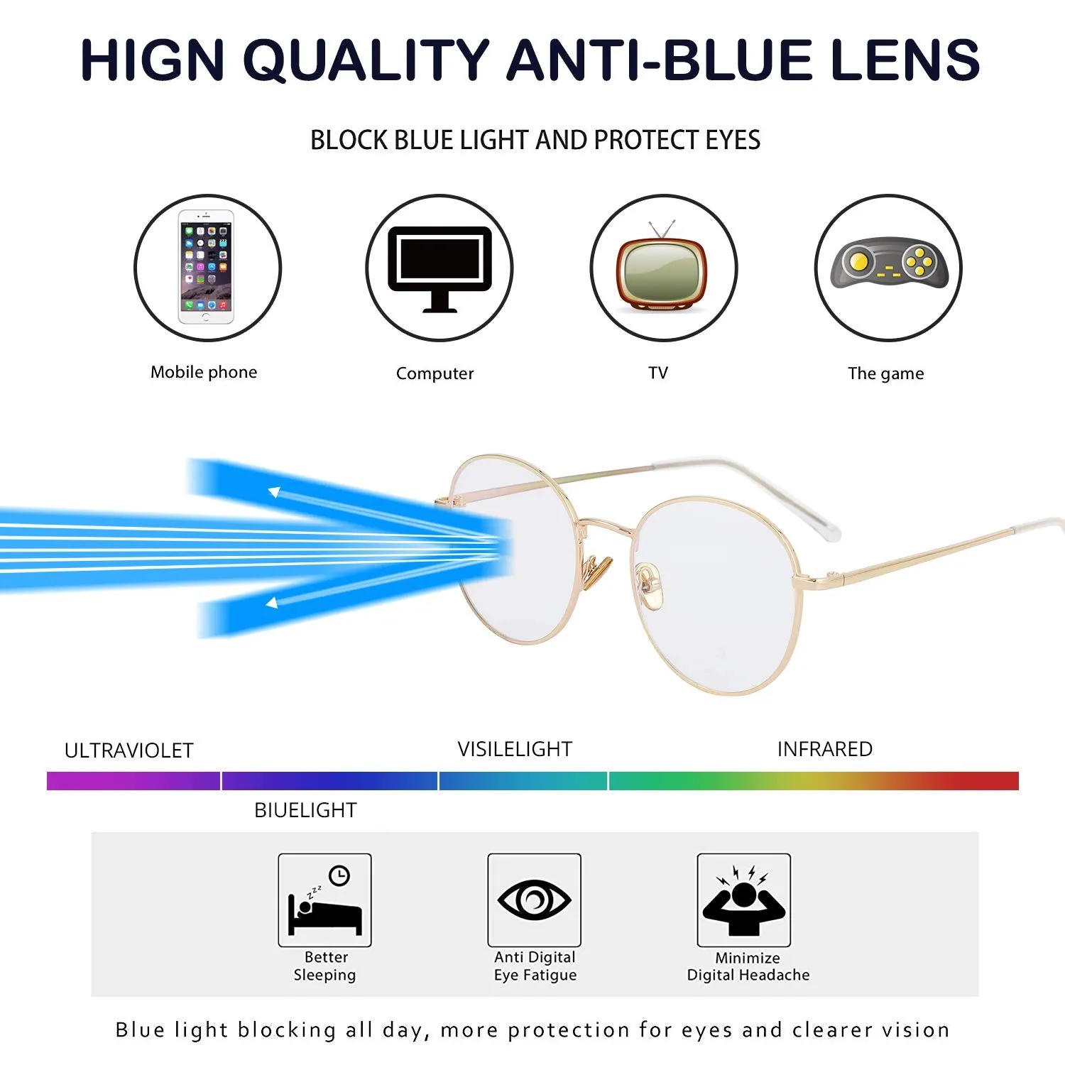 Blue Light Blocking Glasses for Women Men Stylish Round Metal Frame Clear Lens Eyeglasses A2 Gold 50 Millimeters