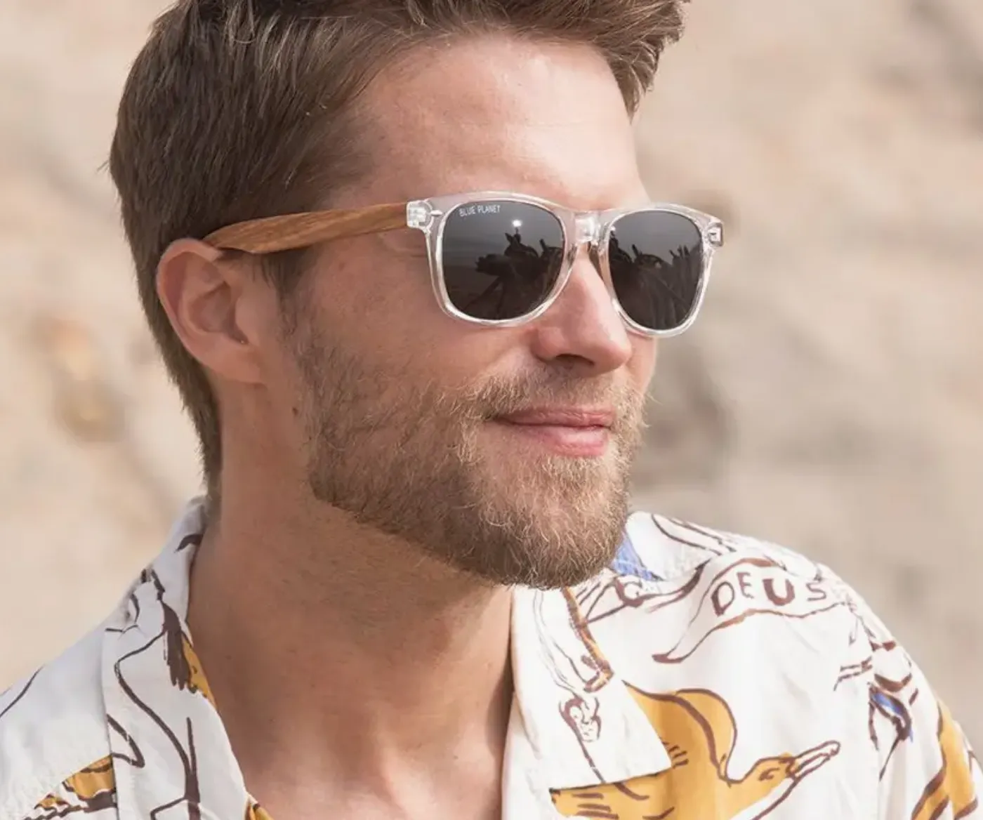 Bodie Sunglasses: Crystal Clear & Zebra Wood Frame with Smoke Polarized Lens