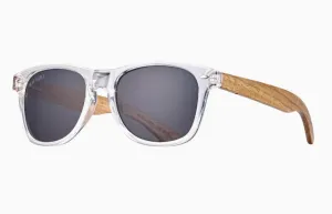 Bodie Sunglasses: Crystal Clear & Zebra Wood Frame with Smoke Polarized Lens