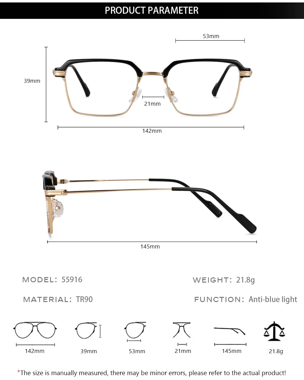 CCspace Men's Full Rim Square Brow Line Alloy Acetate Eyeglasses 55916