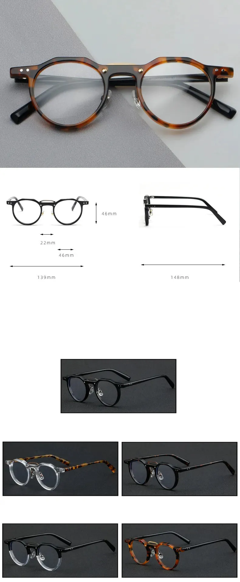 CCspace Unisex Full Rim Flat Top Round Acetate Eyeglasses 56934