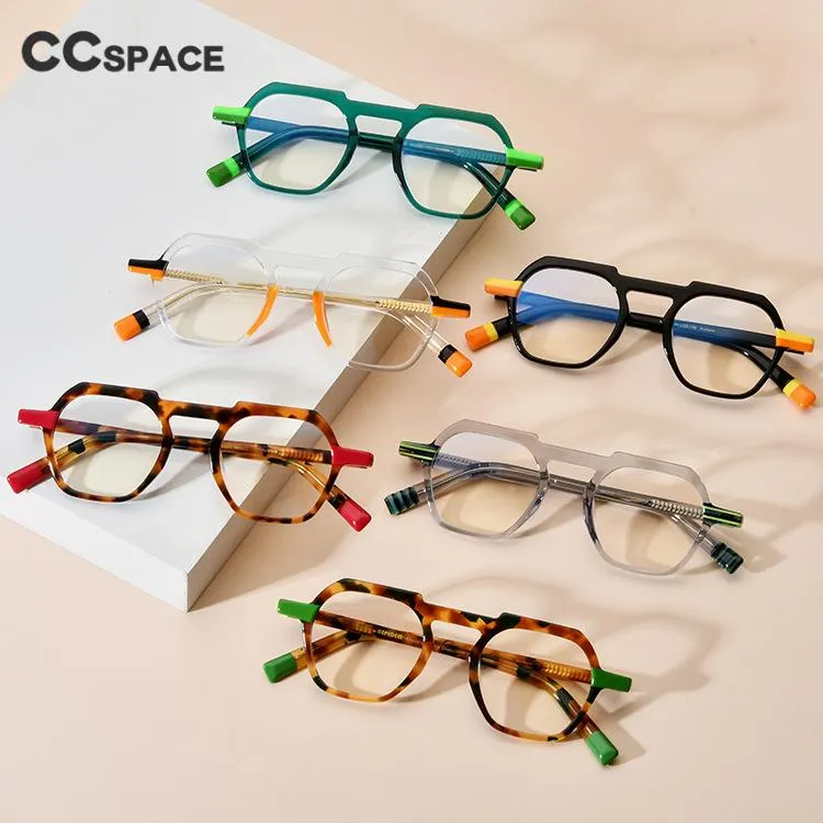 CCspace Unisex Full Rim Flat Top Round Acetate Titanium Eyeglasses 53330