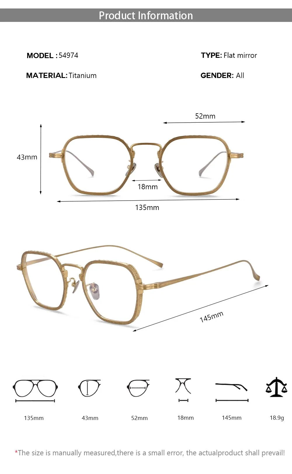 CCspace Unisex Full Rim Irregular Square Titanium Eyeglasses 54974
