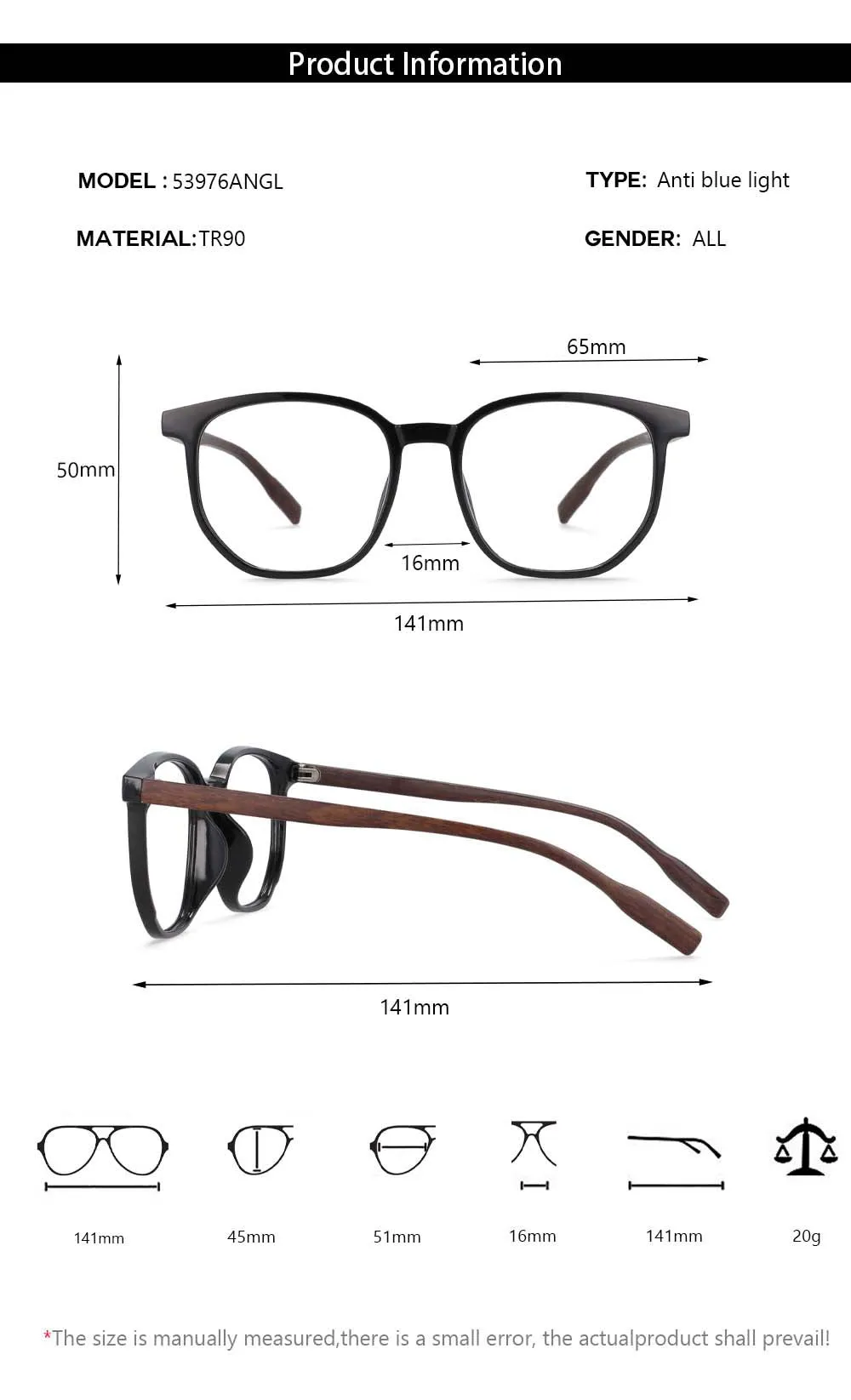 CCspace Unisex Full Rim Oversized Square Cat Eye Tr 90 Titanium Frame Eyeglasses 53976