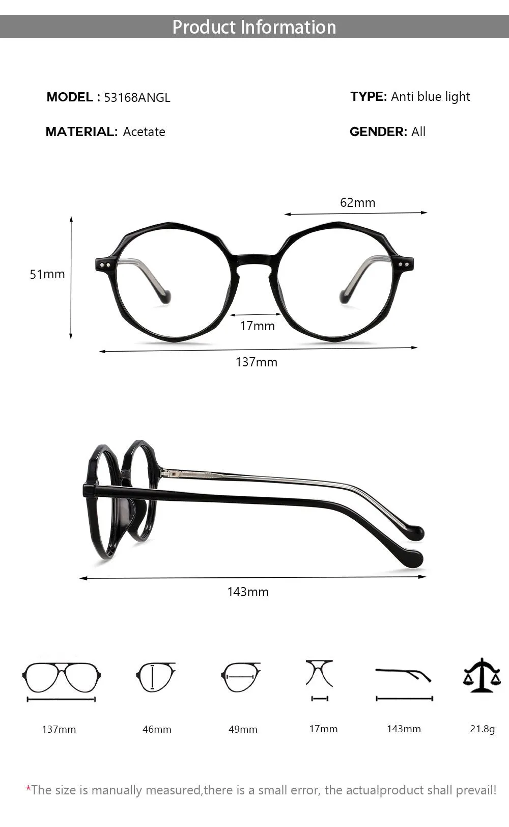CCspace Unisex Full Rim Polygon Round Acetate Tr 90 Eyeglasses 53168