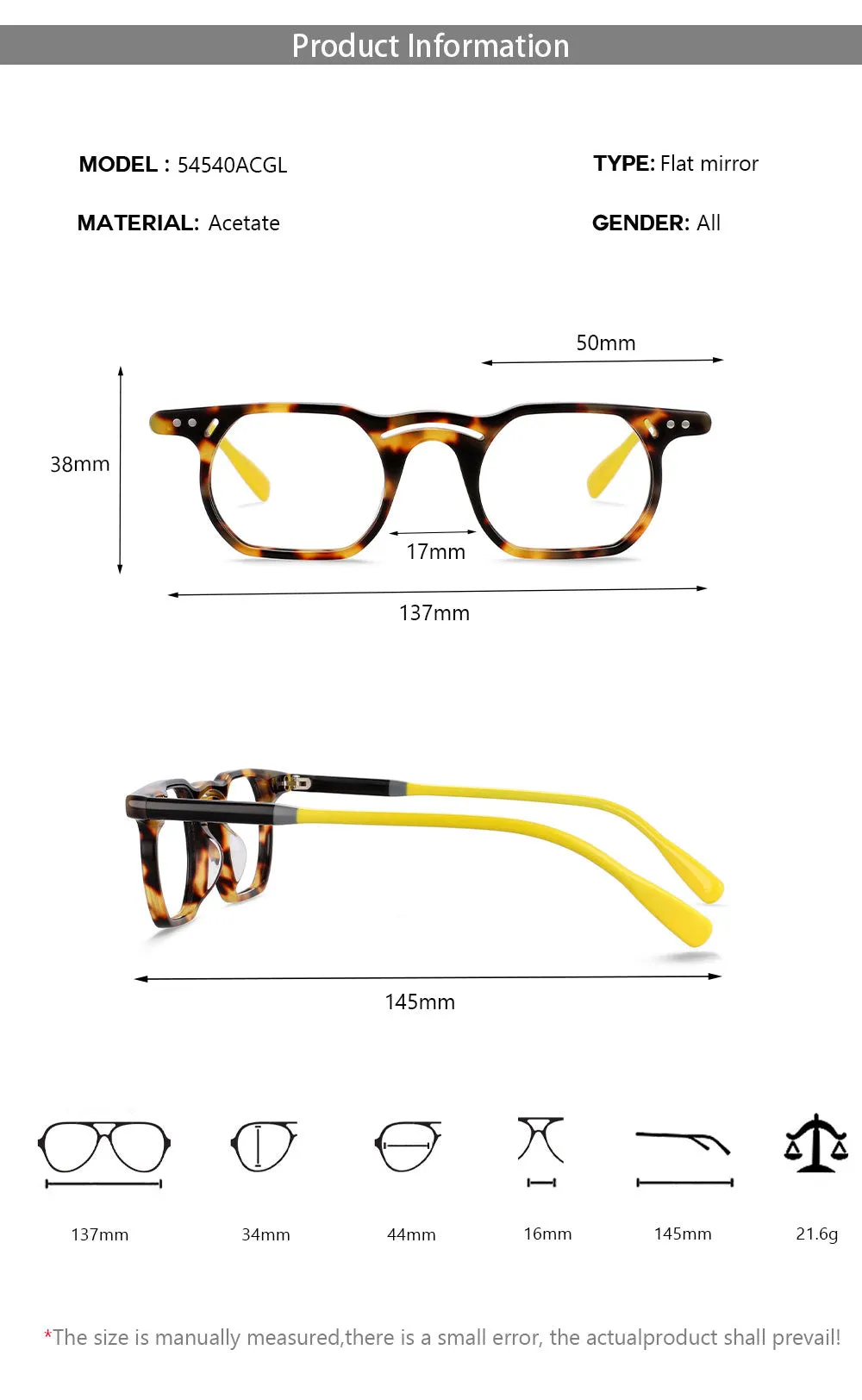 CCspace Unisex Full Rim Polygonal Round Acetate Double Bridge Frame Eyeglasses 54540