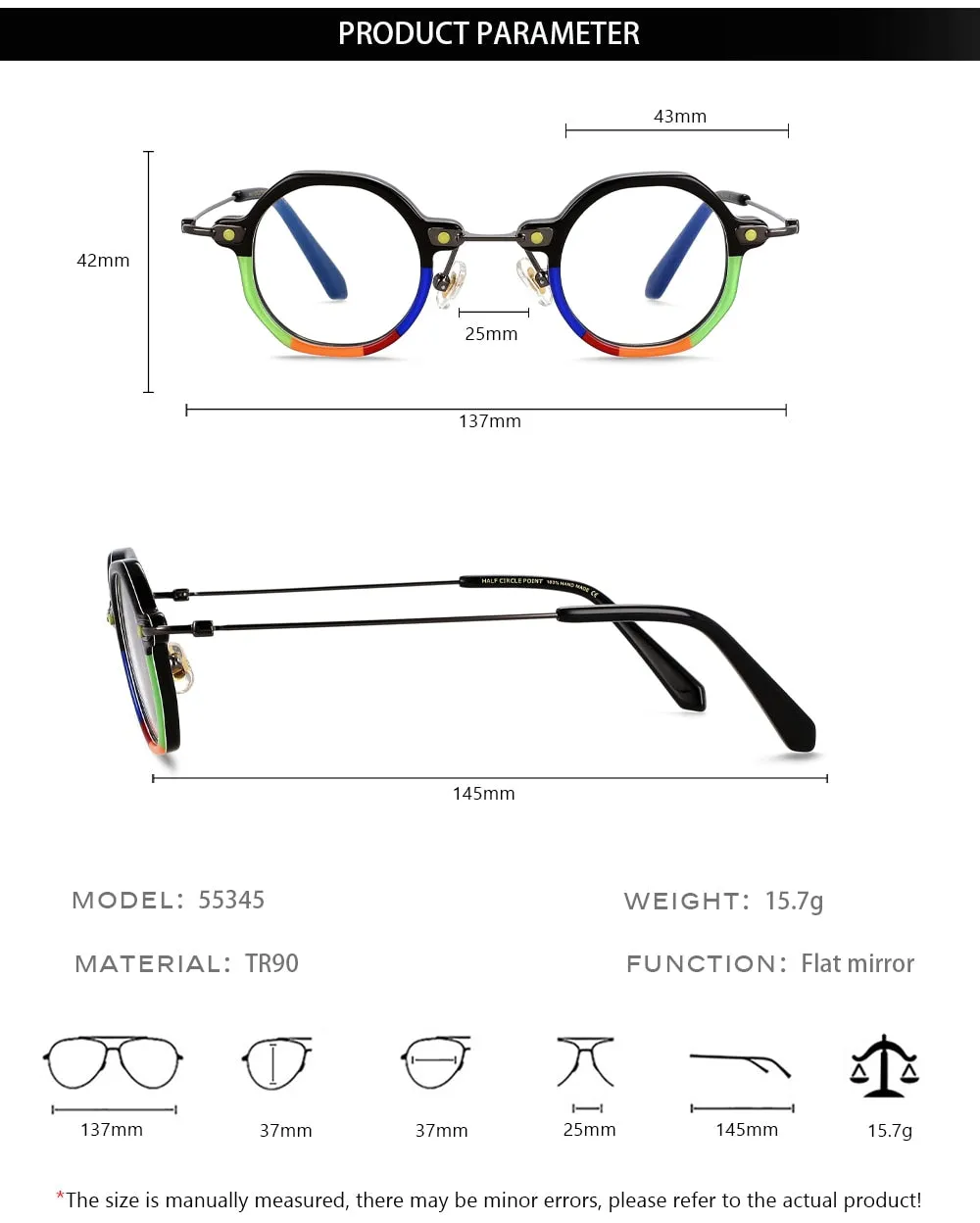 CCspace Unisex Full Rim Polygonal Round Acetate Titanium Eyeglasses 55345