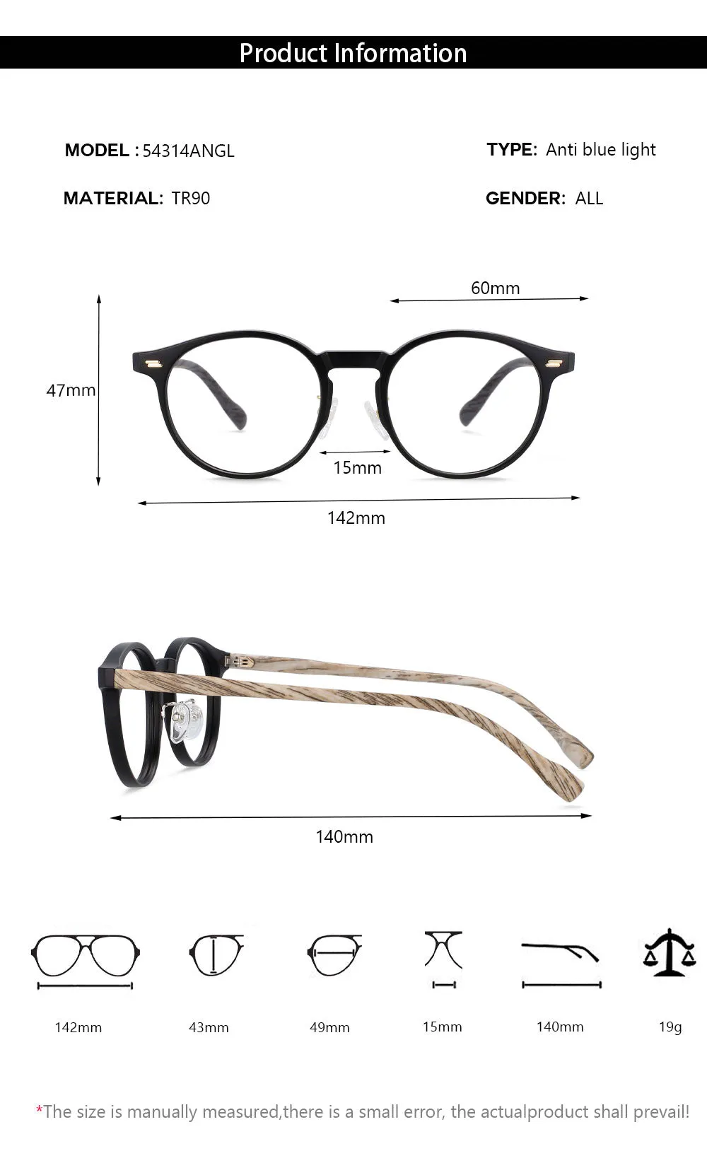 CCspace Unisex Full Rim Round Tr 90 Titanium Frame Eyeglasses 54314