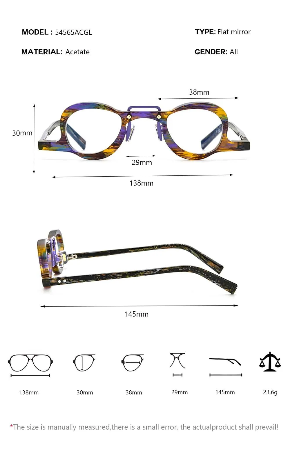 CCspace Unisex Full Rim Small Round Double Bridge Acetate Eyeglasses 54565