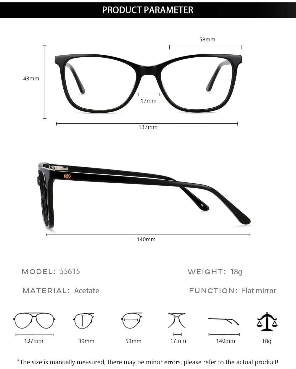 CCspace Unisex Full Rim Square Acetate Eyeglasses 55615