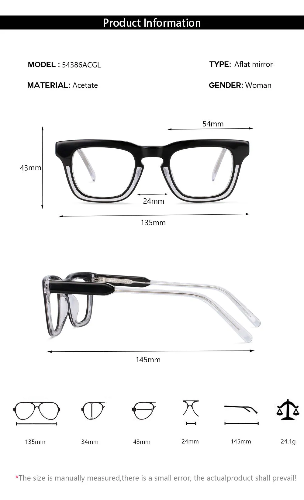 CCspace Unisex Full Rim Square Acetate Frame Eyeglasses 54386