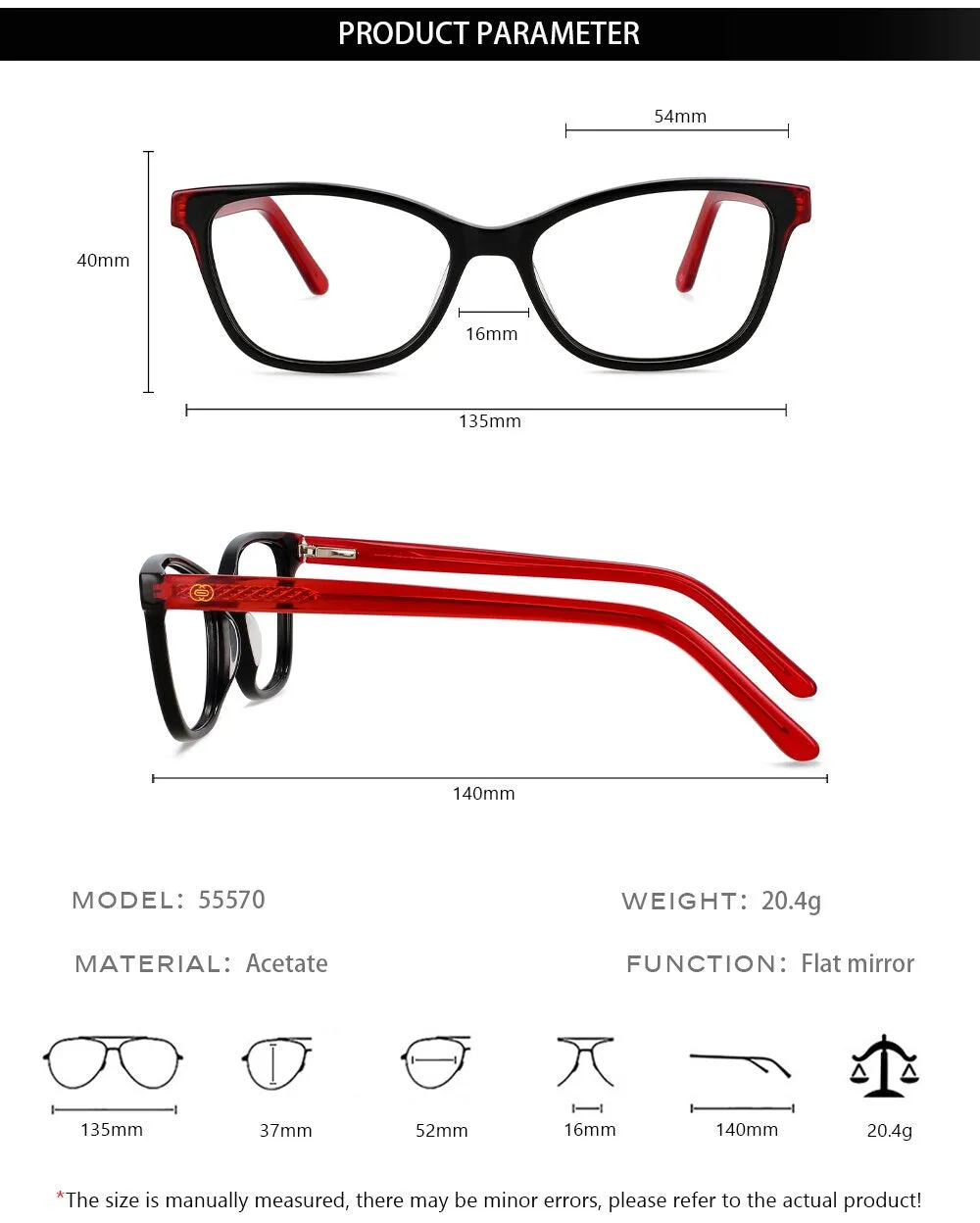 CCspace Unisex Full Rim Square Cat Eye Acetate Eyeglasses 55570