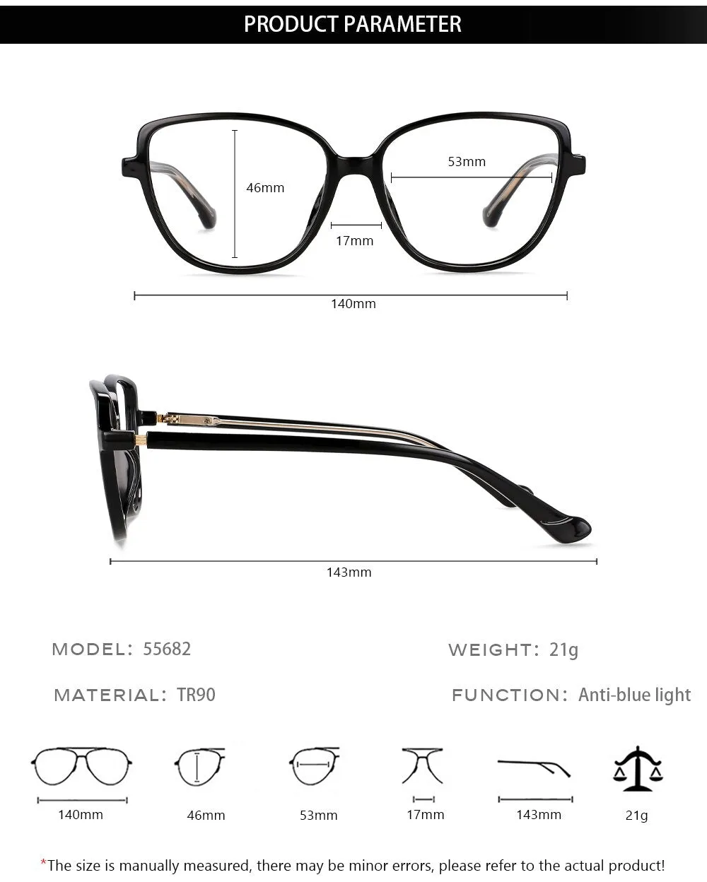 CCspace Unisex Full Rim Square Cat Eye Tr 90 Titanium Eyeglasses 55682