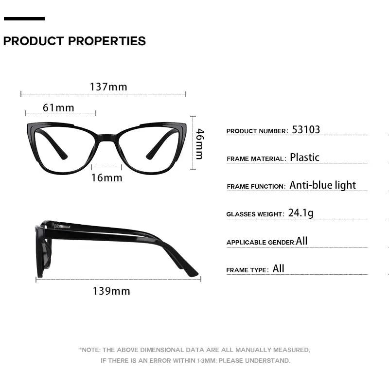 CCspace Unisex Full Rim Square Cat Eye Tr 90 Titanium Frame Eyeglasses 53103