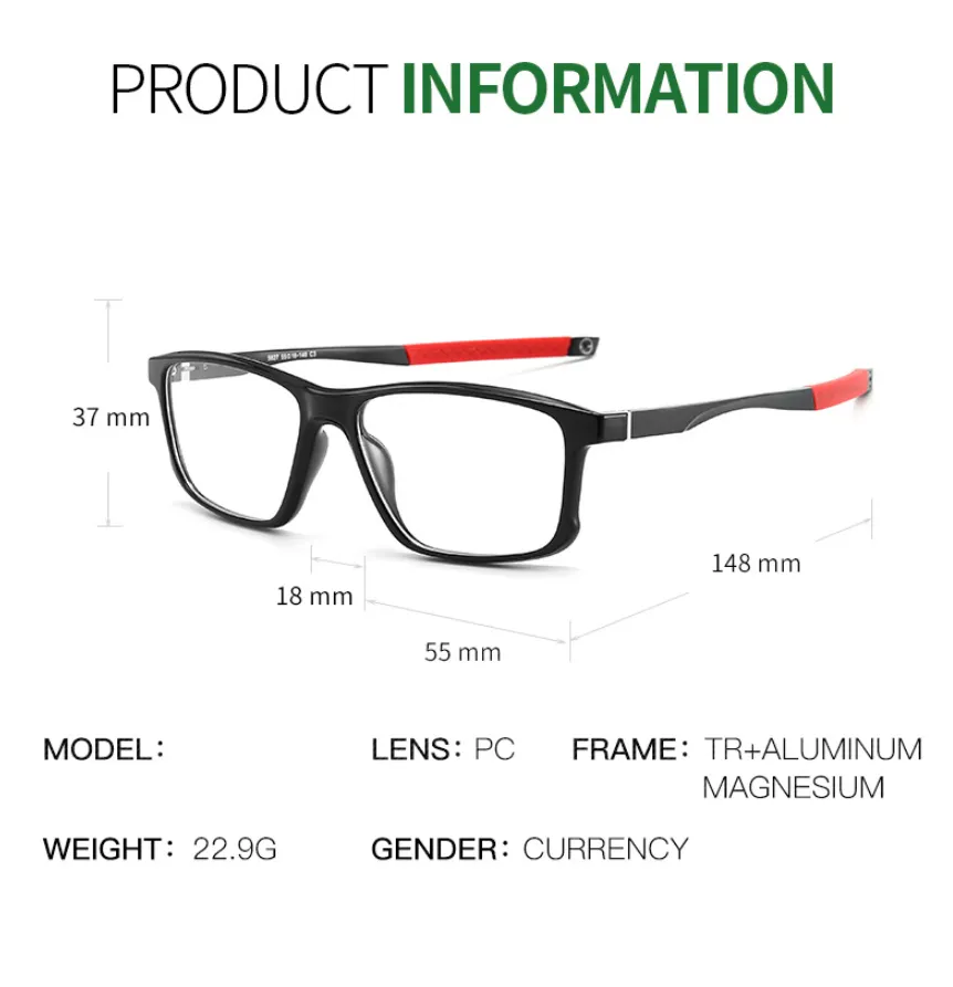 CCspace Unisex Full Rim Square Tr 90 Titanium Sport Eyeglasses 47547
