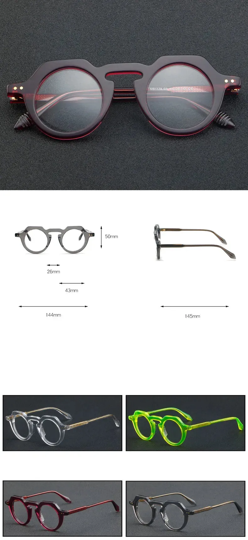 CCspace Women's Full Rim Flat Top Round Acetate Eyeglasses 56936