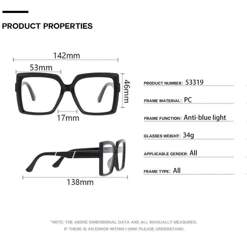 CCspace Women's Full Rim Oversize Square Resin Frame Eyeglasses 53319