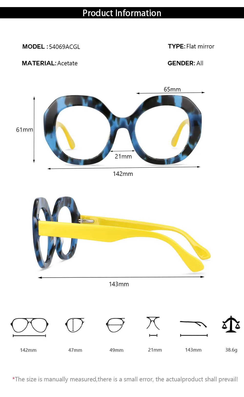 CCspace Women's Full Rim Oversized Round Acetate Frame Eyeglasses 54069