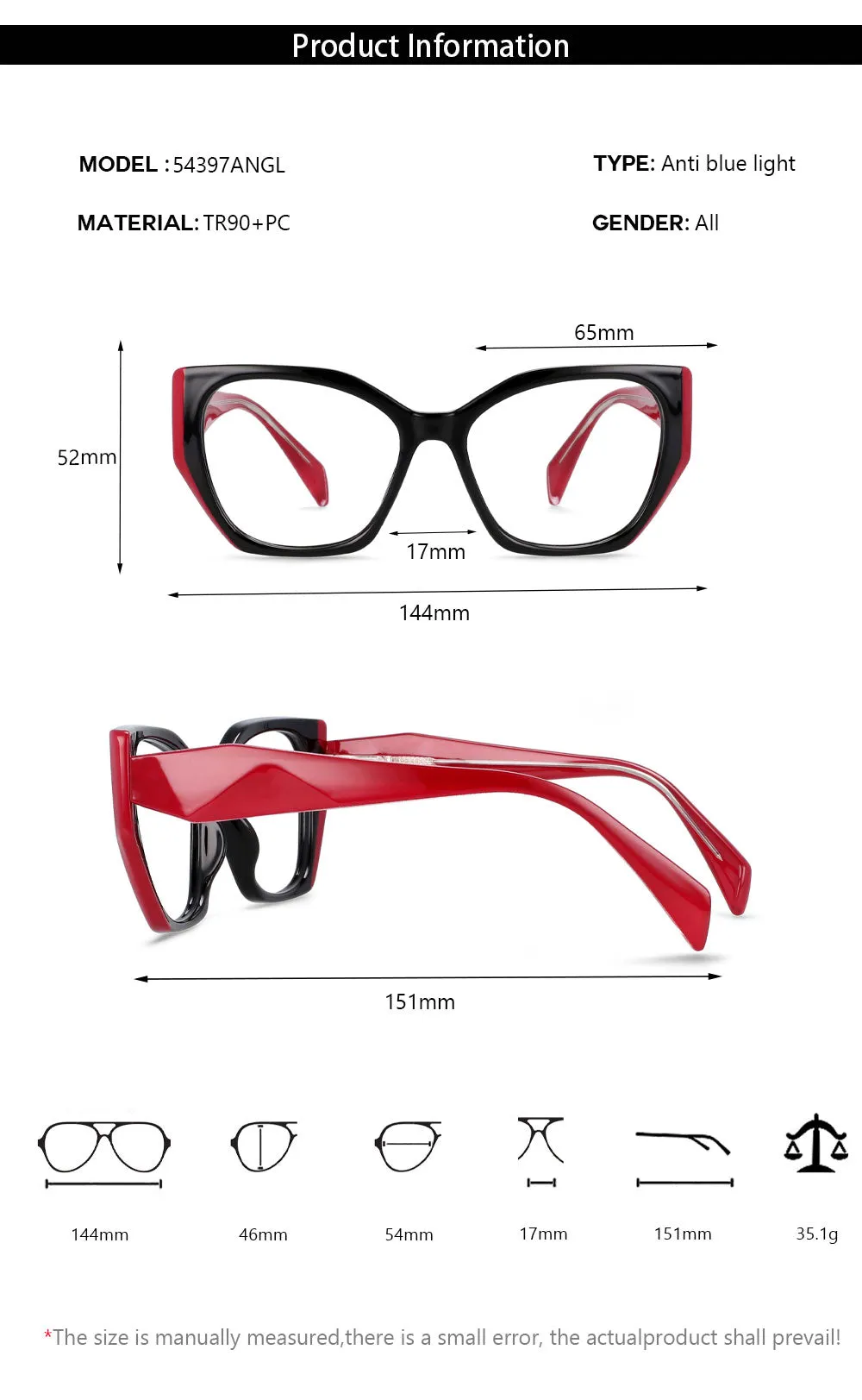 CCspace Women's Full Rim Oversized Square Tr 90 Titanium Frame Eyeglasses 54397