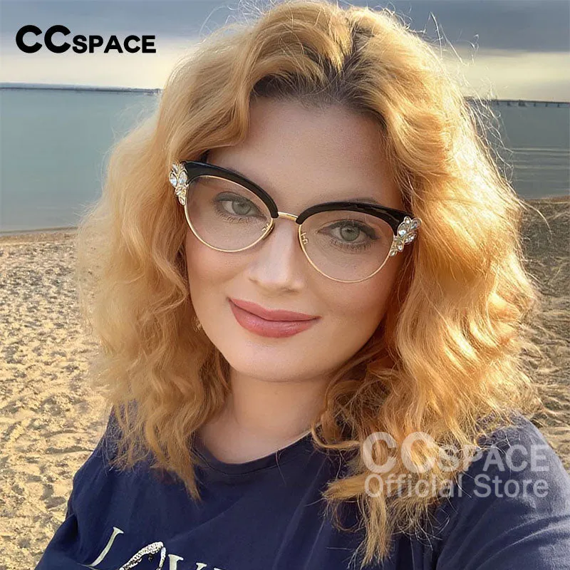 CCspace Women's Full Rim Rhinestone Cat Eye Alloy Frame Eyeglasses 45120