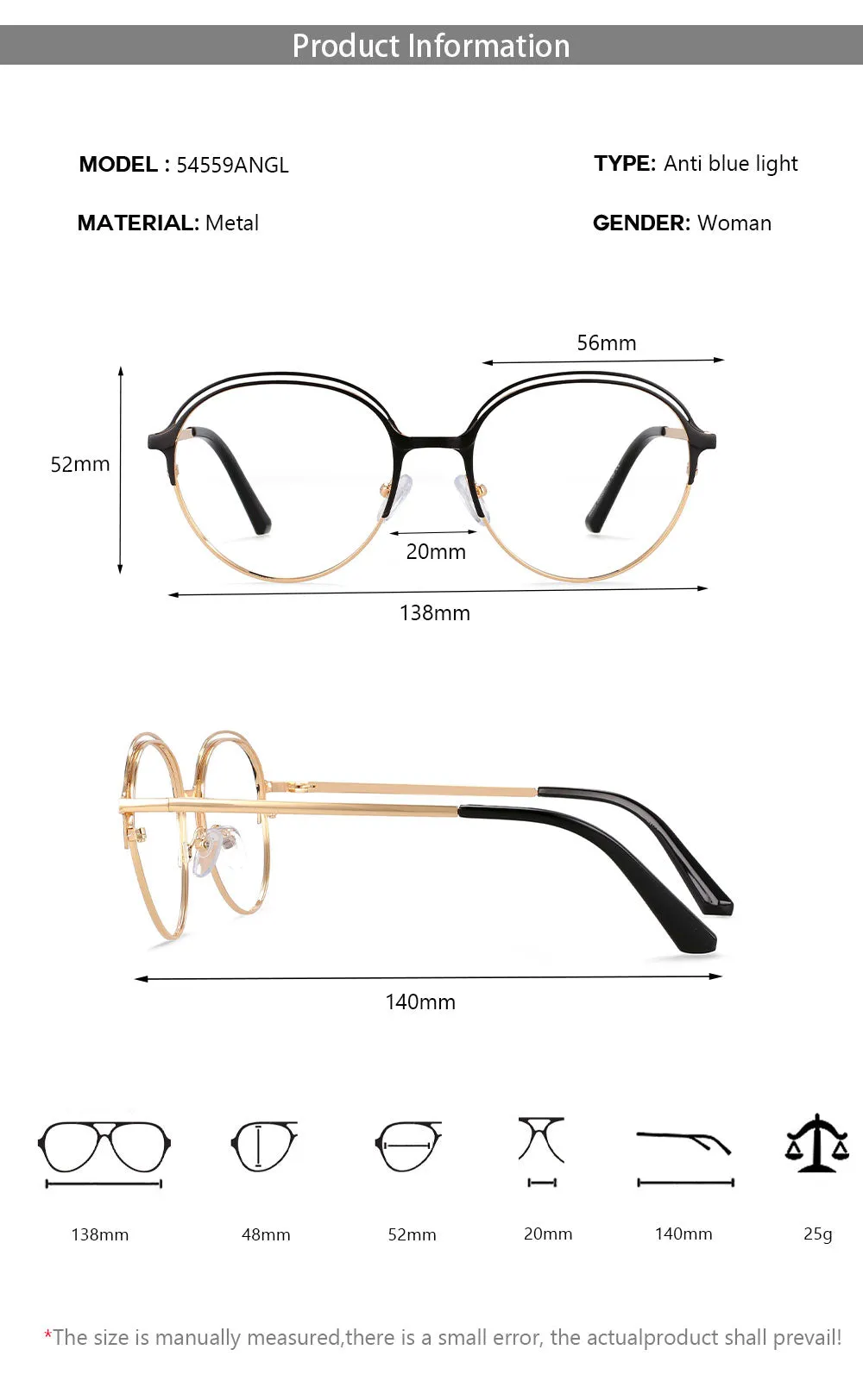 CCspace Women's Full Rim Round Alloy Frame Eyeglasses 54559