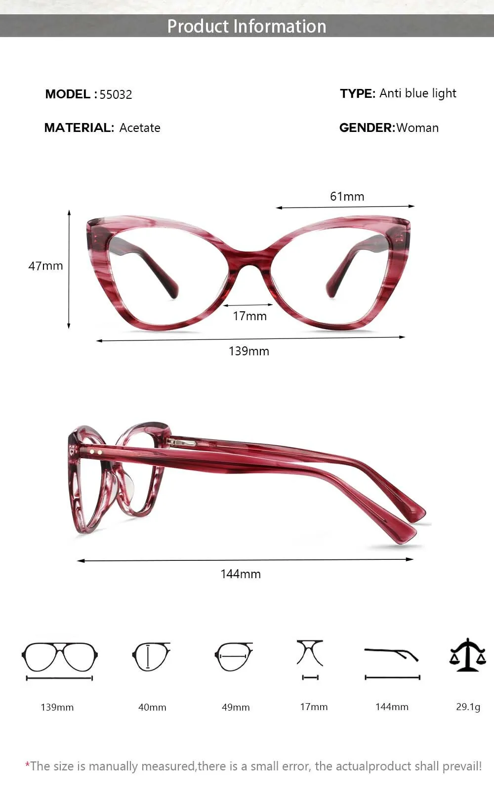 CCspace Women's Full Rim Square Cat Eye Acetate Eyeglasses 55032