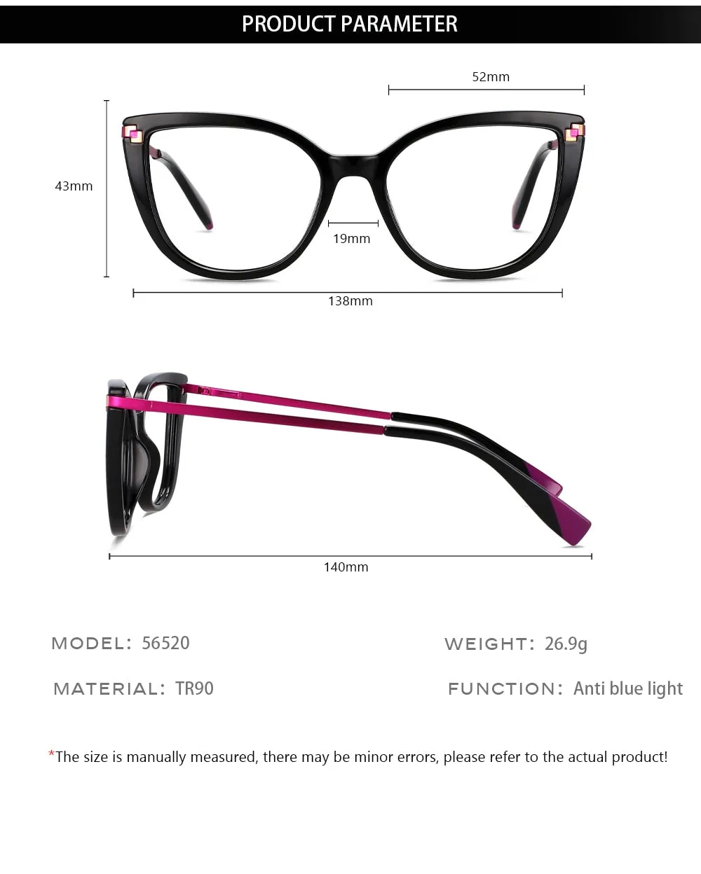 CCspace Women's Full Rim Square Cat Eye Tr 90 Alloy Eyeglasses 56520