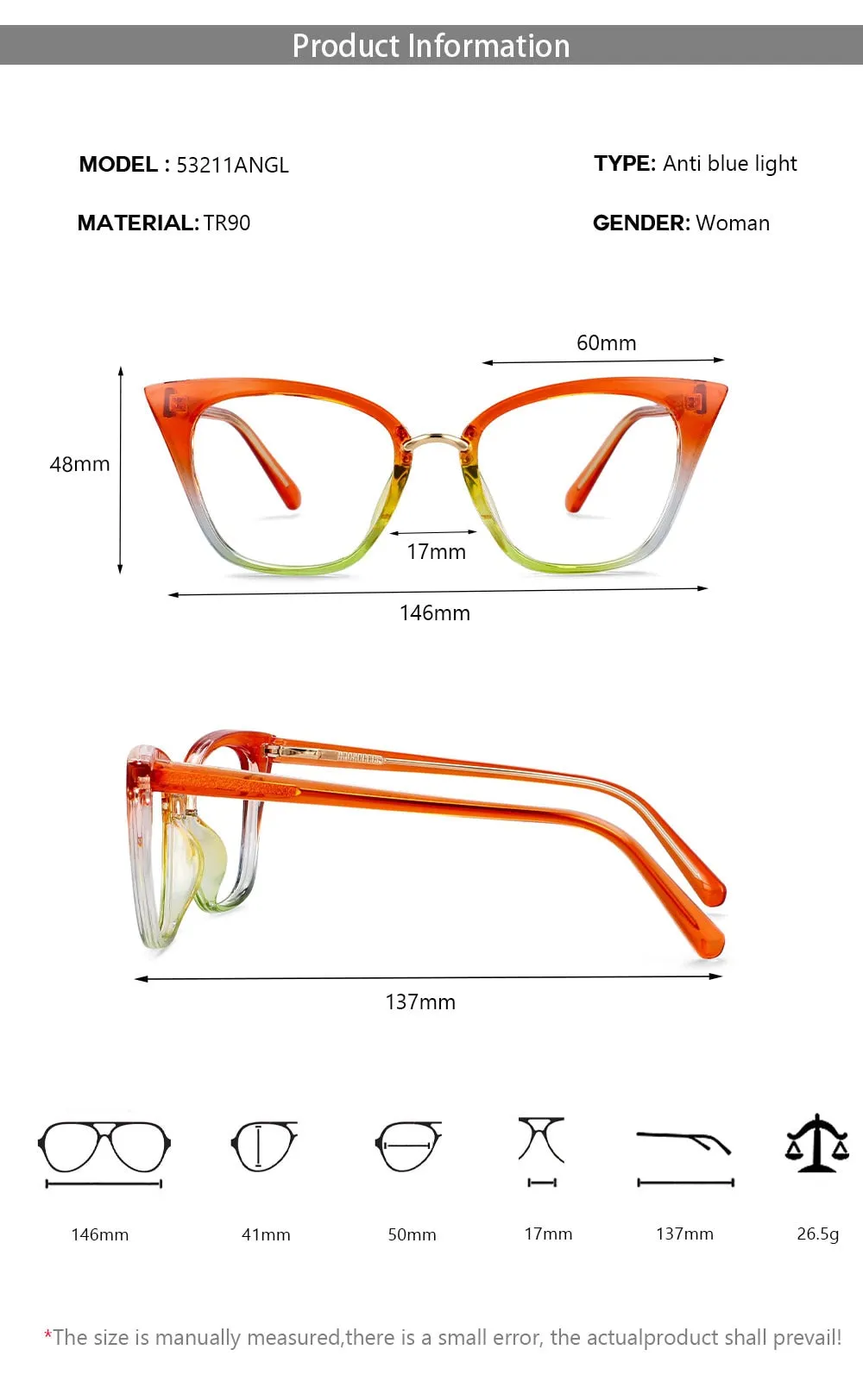 CCspace Women's Full Rim Square Cat Eye Tr 90 Titanium Eyeglasses 53211