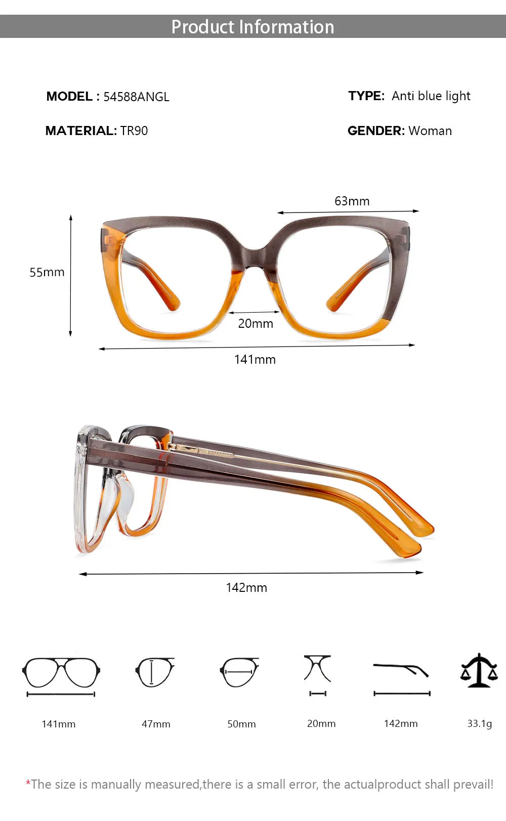 CCspace Women's Full Rim Square Tr 90 Titanium Frame Eyeglasses 54588