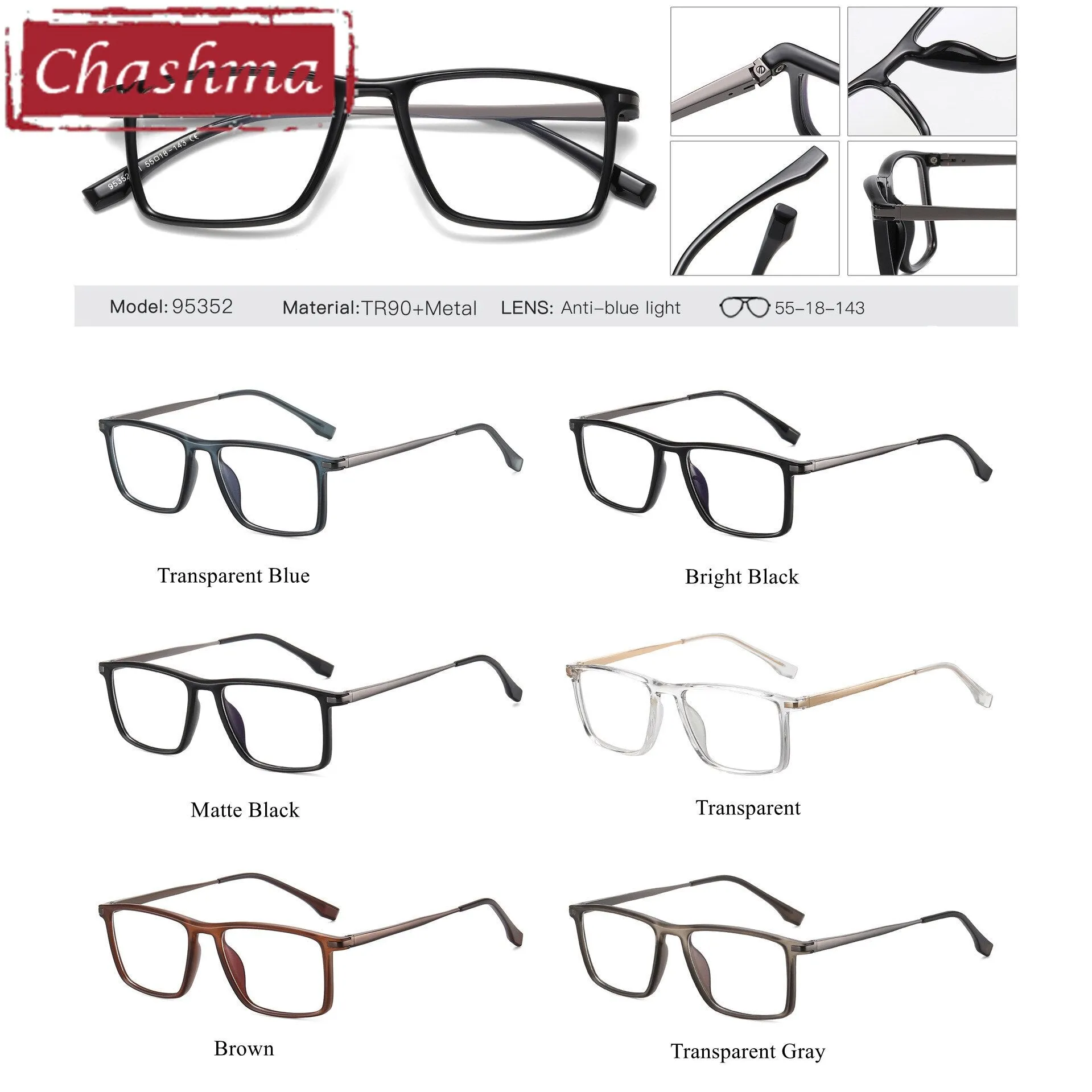 Chashma Men's Full Rim Square Tr 90 Titanium Spring Hinge Eyeglasses 95352