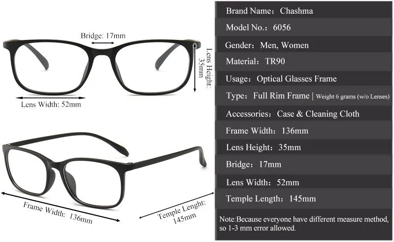 Chashma Ochki Unisex Full Rim Round Square Tr 90 Titanium Eyeglasses 6056