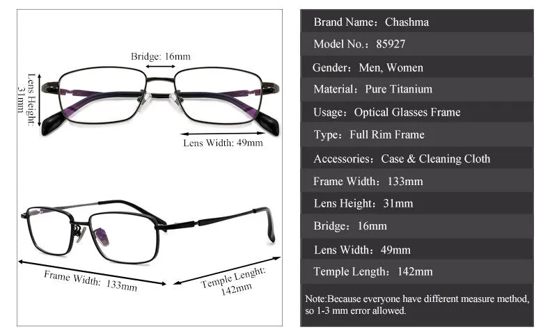 Chashma Ochki Unisex Full Rim Small Square Titanium Eyeglasses 85927