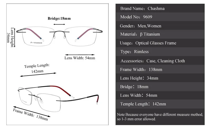Chashma Ochki Unisex Rimless Square Titanium Eyeglasses 9609