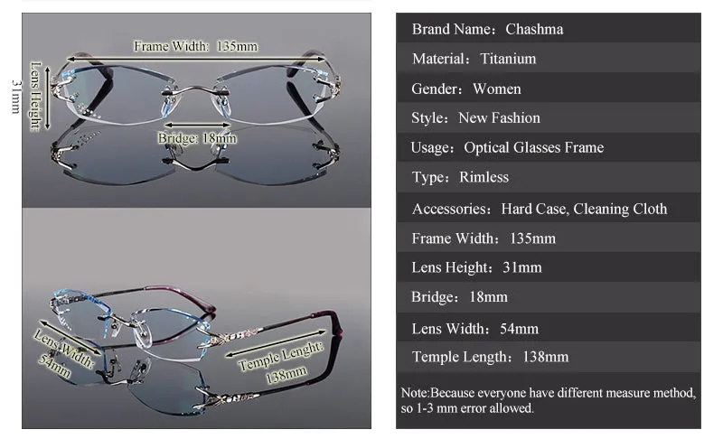 Chashma Ochki Women's Rimless Square Titanium Eyeglasses 10066028