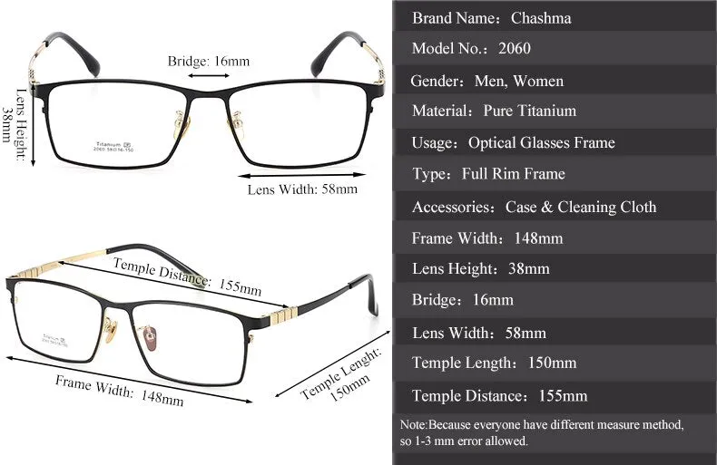 Chashma Ottica Men's Full Rim Oversized Square Titanium Eyeglasses 2060