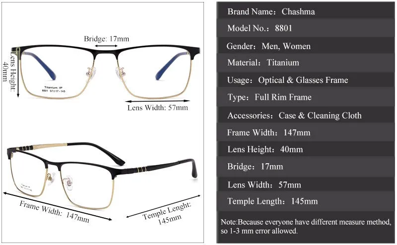 Chashma Ottica Men's Full Rim Square Titanium Eyeglasses 8801