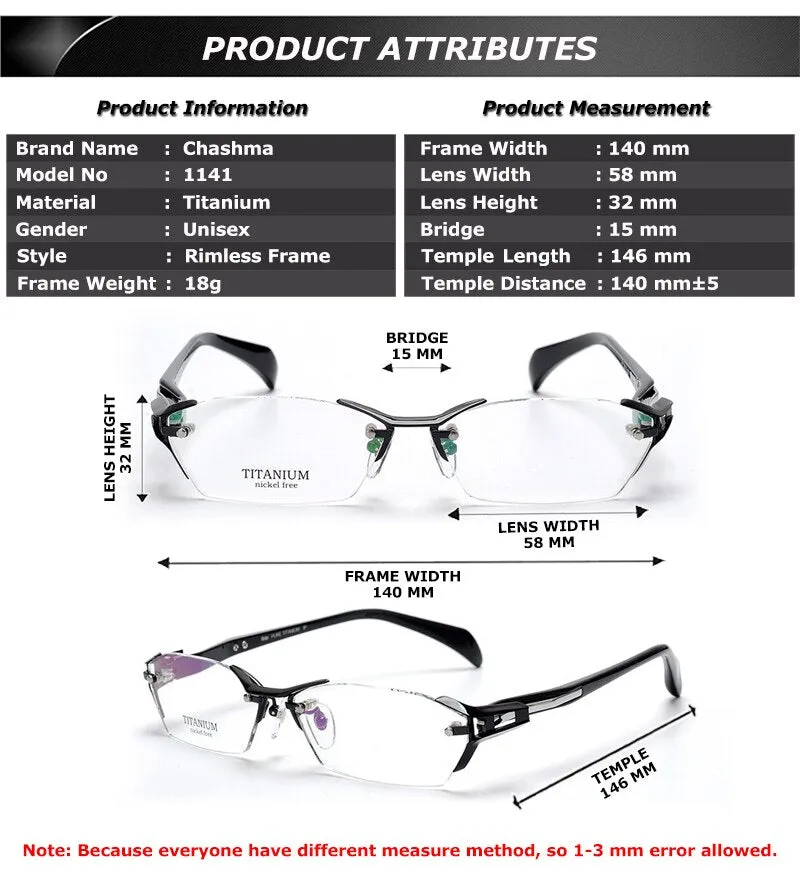 Chashma Ottica Men's Rimless Irregular Rectangle Eyeglasses 1141