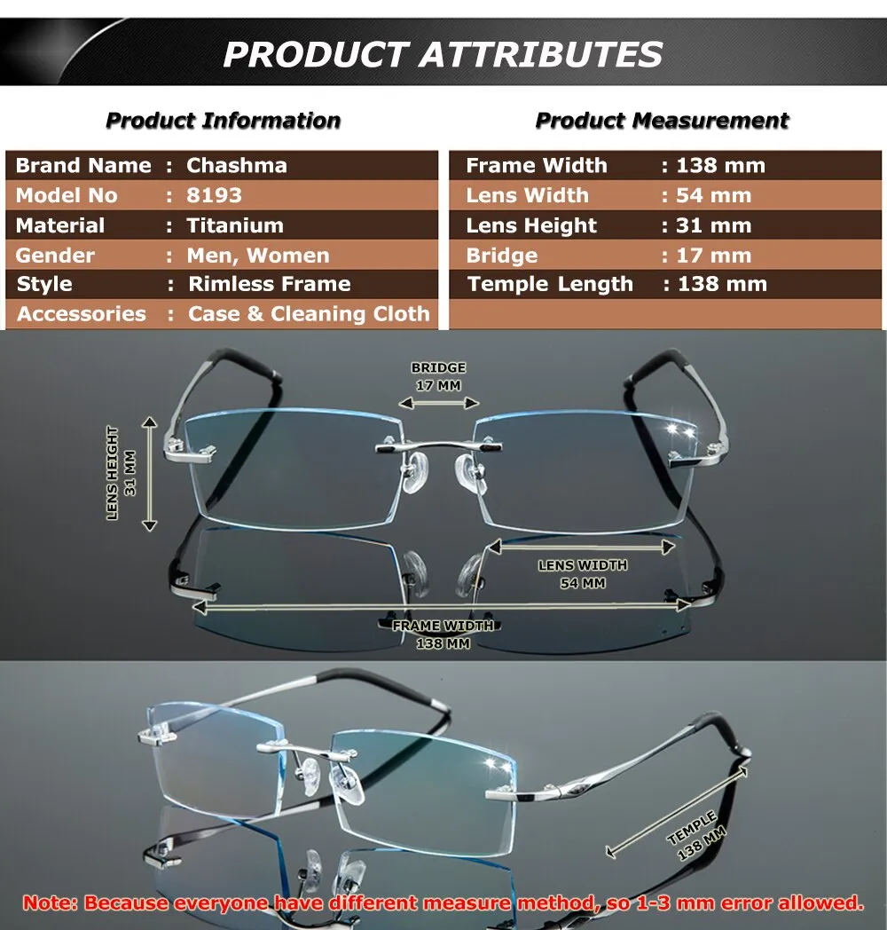 Chashma Ottica Men's Rimless Irregular Rectangle Titanium Eyeglasses Tinted Lenses 8193