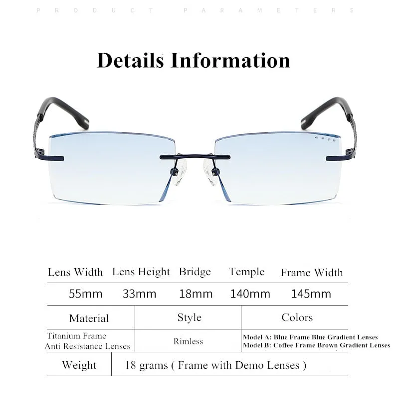 Chashma Ottica Men's Rimless Square Titanium Eyeglasses Tint Lenses 1025