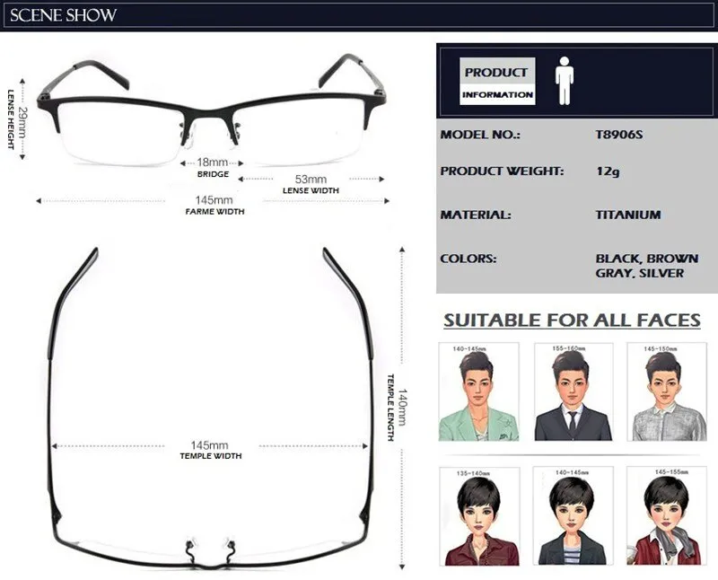 Chashma Ottica Men's Semi Rim Rectangle Square Titanium Eyeglasses T8906s