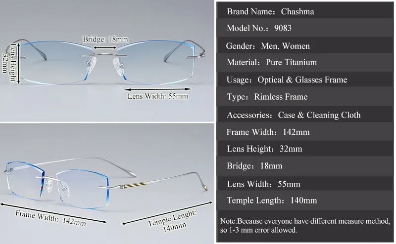 Chashma Ottica Unisex Rimless Rectangle Titanium Eyeglasses Tinted Lenses 9083