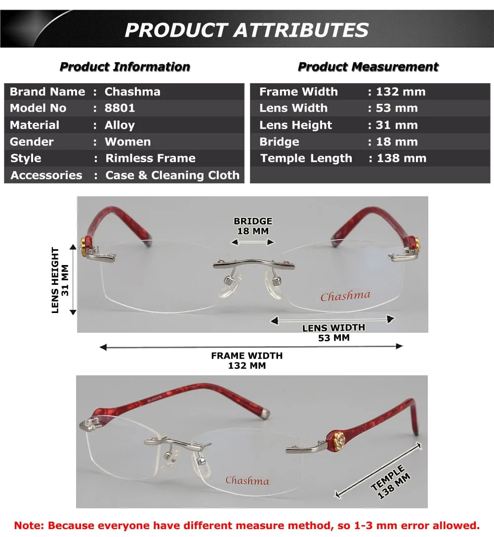 Chashma Ottica Women's Rimless Oval Rectangle Titanium Eyeglasses 58031