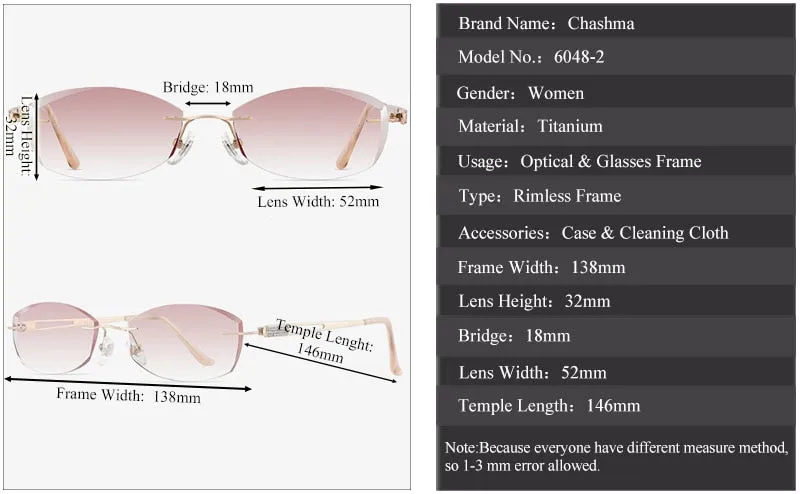 Chashma Ottica Women's Rimless Oval Rectangle Titanium Eyeglasses Tinted Lenses 6048