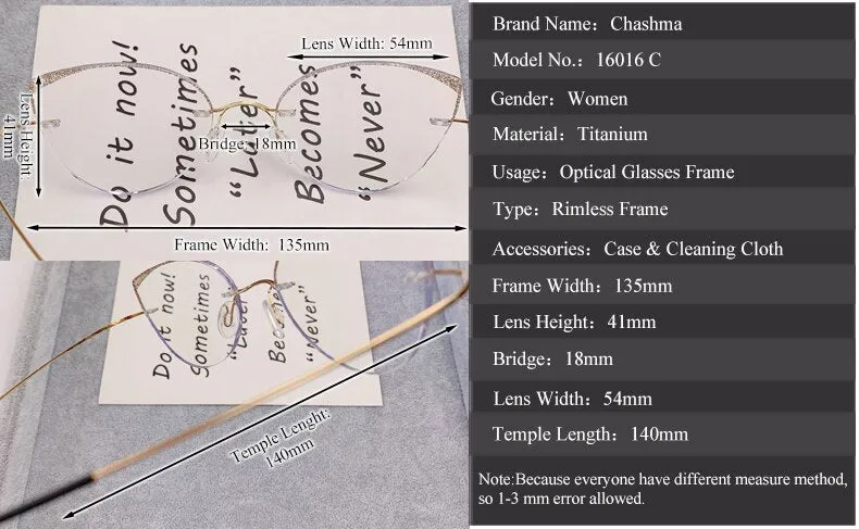 Chashma Ottica Women's Rimless Square Cat Eye Titanium Eyeglasses 16016c