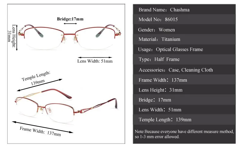Chashma Ottica Women's Semi Rim Oval Rectangle Titanium Eyeglasses 86015