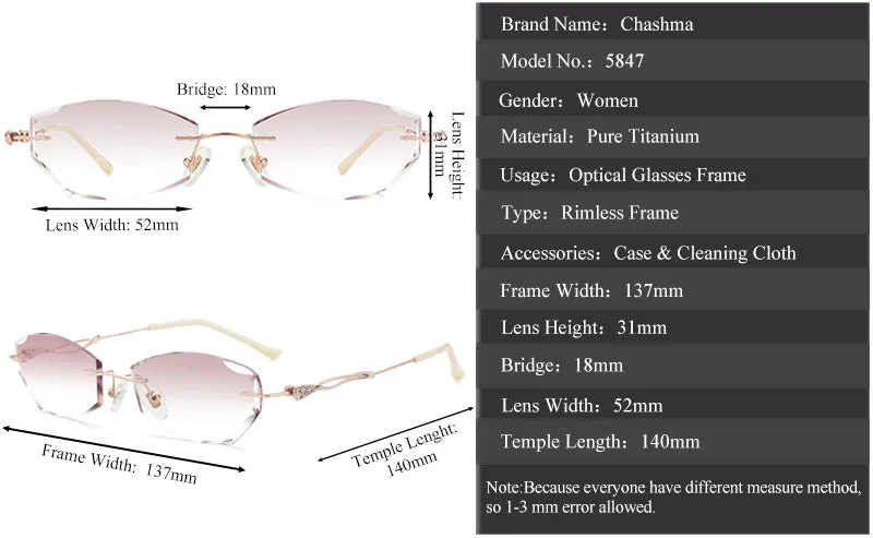 Chashma Women's  Rimless Rectangle Titanium Frame Diamond Trimmed Eyeglasses 5847