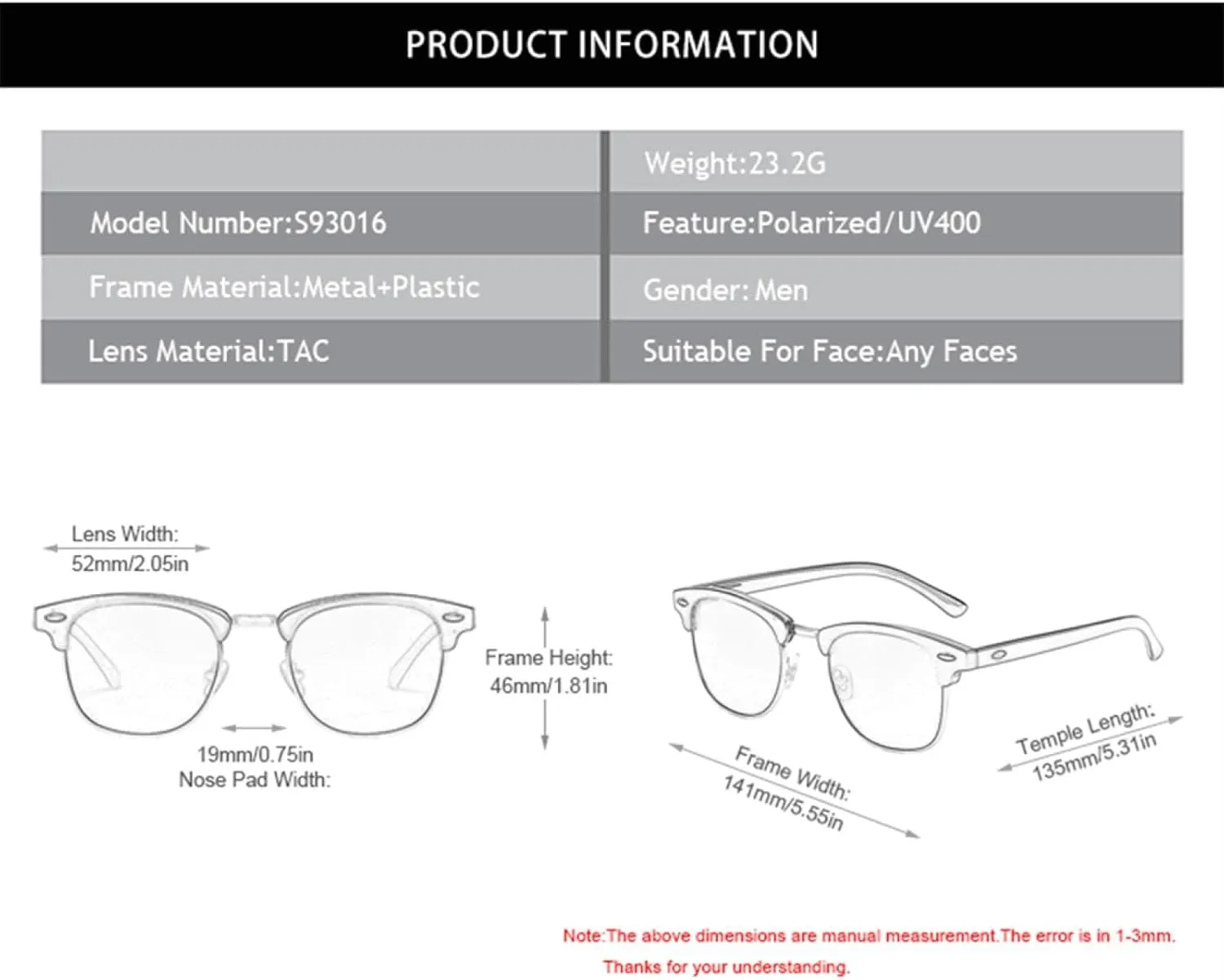 Classic Half Frame Polarized Sunglasses Men Women Retro Black Anti Glare Shades