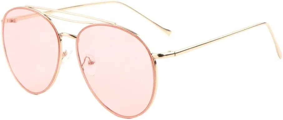 Color Flat Lens Double Top Bar Modern Round Aviator Sunglasses