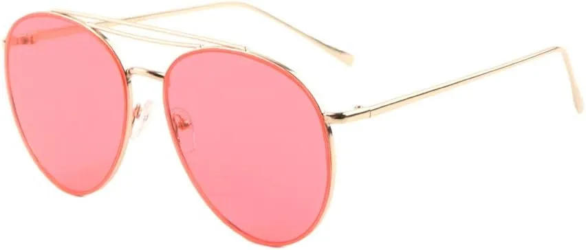 Color Flat Lens Double Top Bar Modern Round Aviator Sunglasses