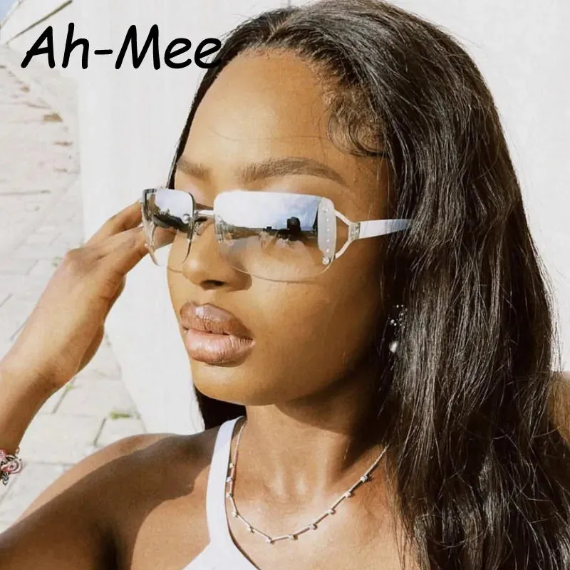 Cycling Y2K Rimless Rectangle Sunglasses Women Diamond Punk Around Sun Glasses Brand Shades Eyewear UV400 Eyeglasses Goggles